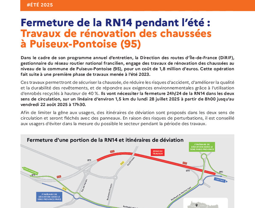 Fermeture de la RN 14 pendant l’été