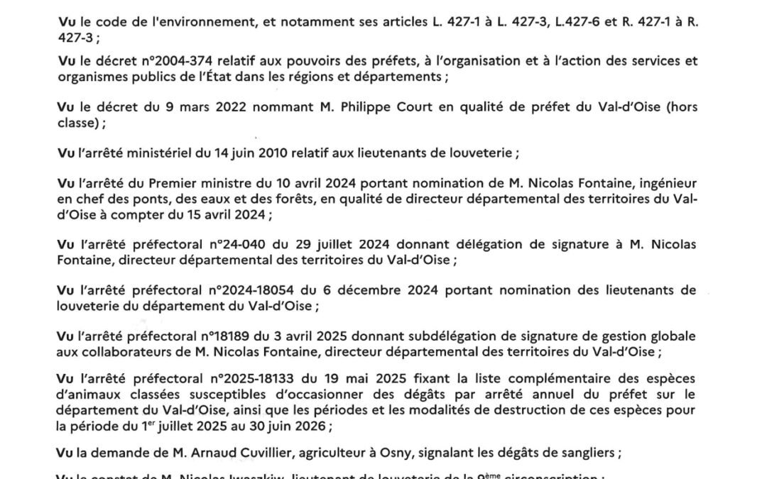 Arrêté préfectoral n°2025-18423 autorisant des tirs de nuit sangliers
