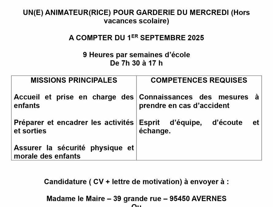 La mairie d’Avernes recrute un(e) animateur (rice) pour la garderie du mercredi