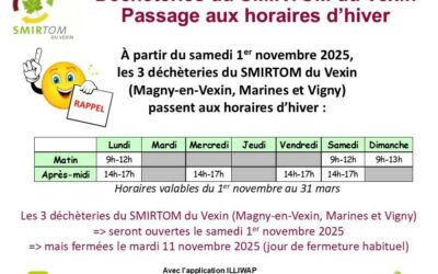 Déchèterie du  SMIRTOM du Vexin – Passage Horaires d’hiver