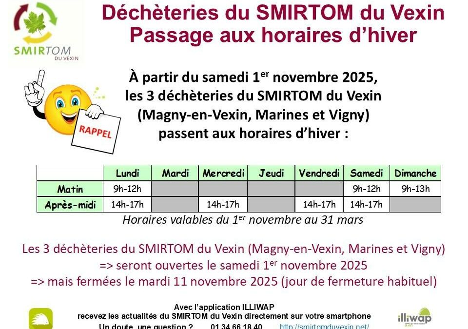Déchèterie du  SMIRTOM du Vexin – Passage Horaires d’hiver